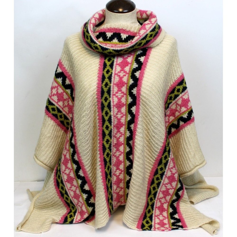 Yara Sweater Knit Poncho OSFA Cowl Neck Bohemian Spring Summer Fall Beige Pink